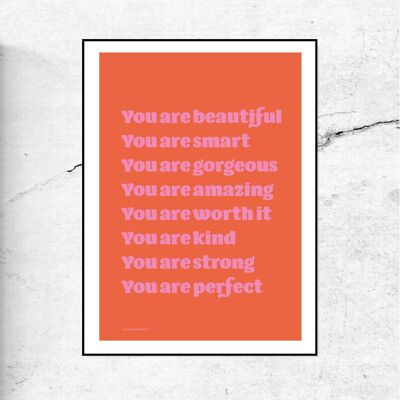 You are amazing - affiche/affiche typographique - lettres orange & rose - 30x40