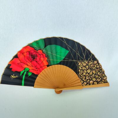 Hand-painted natural silk fan with floral motif