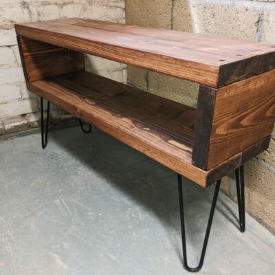 1m long hairpin leg TV unit in dark oak