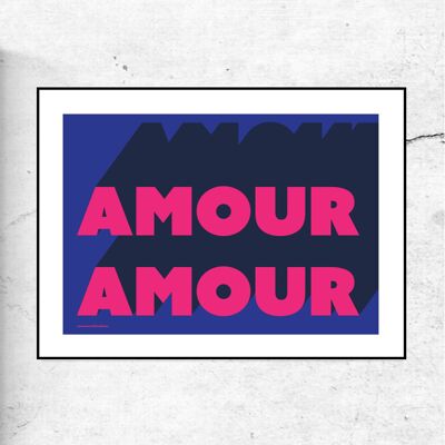 Amour amour typographic print - blue & pink - A4