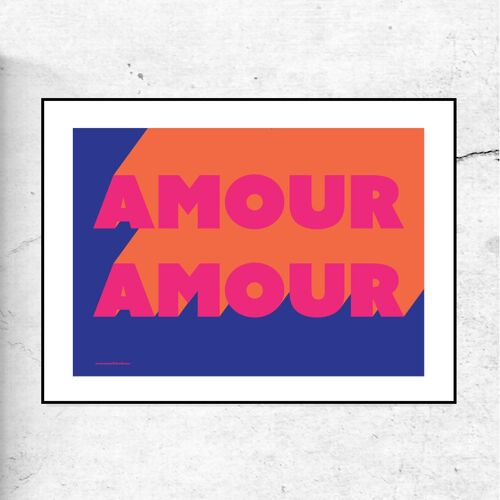 Amour amour typographic print - blue, pink & orange - A4