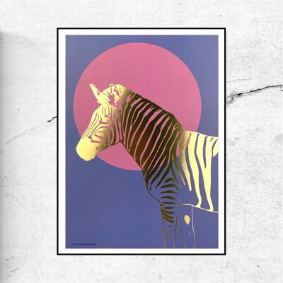 Zebra-Sonnenuntergangstreifen-Kunstdruck - Goldfolie - lila Hintergrund