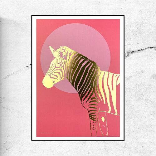 Zebra sunset stripes art print - gold foil - pink background