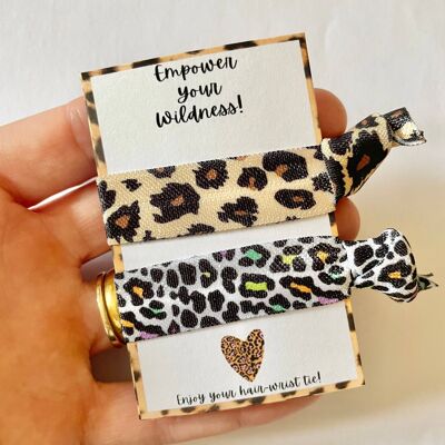 Corbata de pelo elástica de leopardo, tarjetas de empoderamiento, tarjeta de positividad, cintas elásticas para el pelo, estampado de leopardo, regalos para mimar, suministros de caja de suscripción