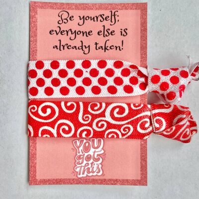 Rote Haar-Accessoires, Positivitätsgeschenke, Empowerment-Karten, Positivitätskarte, elastische Haarbänder, Freundlichkeitskarte, Positivitätsgeschenk für Mädchen