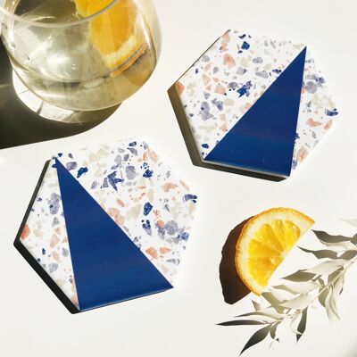 Juego de 2 posavasos hexagonales de terrazo Blue Neutrals