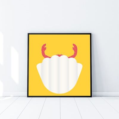 Crab illustrated art | Wall art print for Bedroom, Nursery, Living Room, Bathroom, Kitchen, Playroom | Animal art, | Gift for child | Square