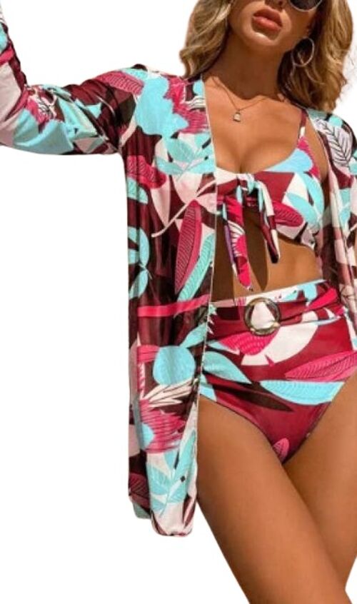 Leaf Print Cover-up Bikini Set
