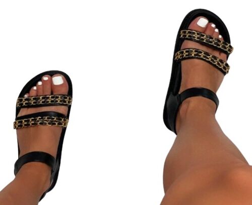 Black PU Double Chain Strap Sandals