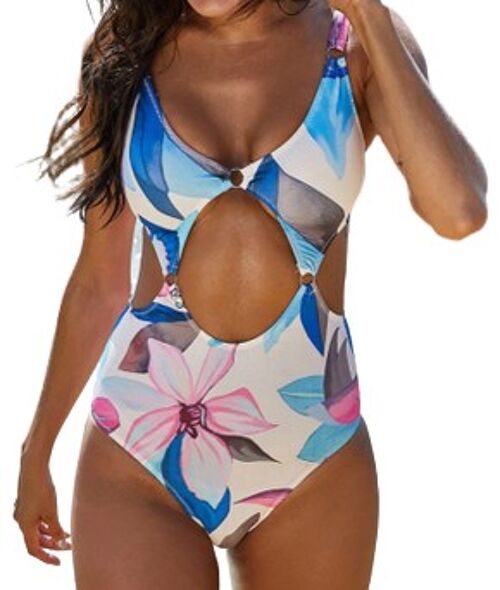 Floral Hollow Out Bikini Look Swimsuit