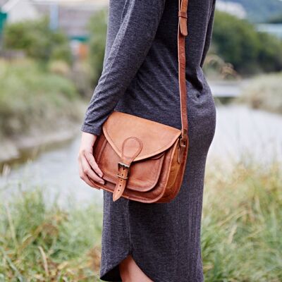 Curved Brown Leather Saddle Bag