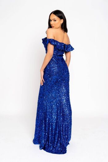 Eclipse Royal Blue Luxe Ruffle Plunge Shimmering Sequin Embelli Off The Shoulder Bardot Maxi Slit Dress 2