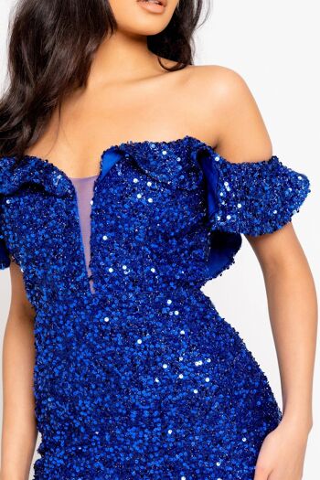 Eclipse Royal Blue Luxe Ruffle Plunge Shimmering Sequin Embelli Off The Shoulder Bardot Maxi Slit Dress 3