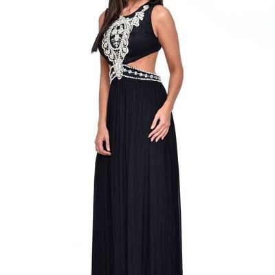 Laila Black Cut-Out Waist Pearl Encrusted Grecian Goddess Maxi Dress