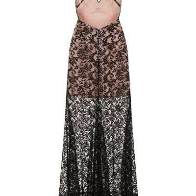 Lilly Black Nude Sheer Lace Applique Fishtail Maxi Dress