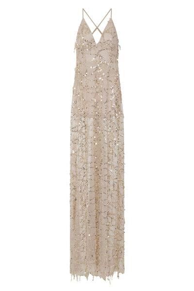 Vestido de doble abertura con flecos y flecos de lentejuelas transparentes de Keysha