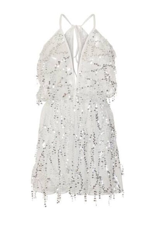 Lily White Sheer Plunge Silver Sequin Tassel Fringe Playsuit Romper