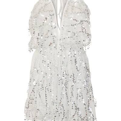 Lily White Sheer Plunge Silber Pailletten Quaste Fransen Playsuit Strampler