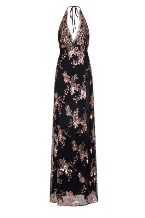 Gala Black Plunge Halterneck Floral Sequin Thigh Slit Maxi Dress