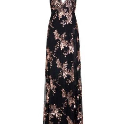 Gala Black Plunge Halterneck Floral Sequin Thigh Slit Maxi Dress