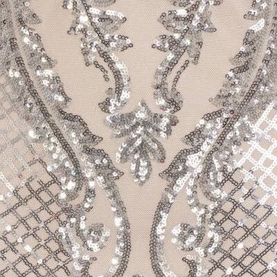 Vogue Luxe argento nudo senza spalline paillettes illusione midi abito a tubino