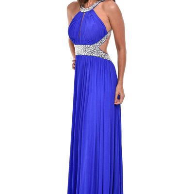 Papya Royal Blue Jewel Open Back Maxi Grecian Gown Dress