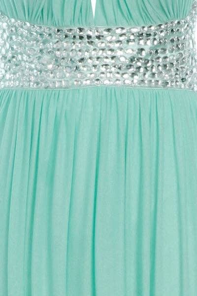 Vestido largo estilo griego con espalda abierta y joya de color menta de Papya