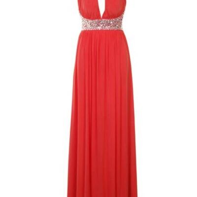 Papya Orange Grecian Jewel Open Back Maxi Gown Dress