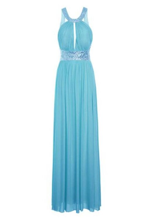 Papya Aqua Blue Grecian Jewel Open Back Gown Dress