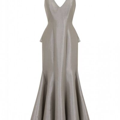 Scarlett Silver Taffeta Ruffle Backless Trumpet Maxi Dress