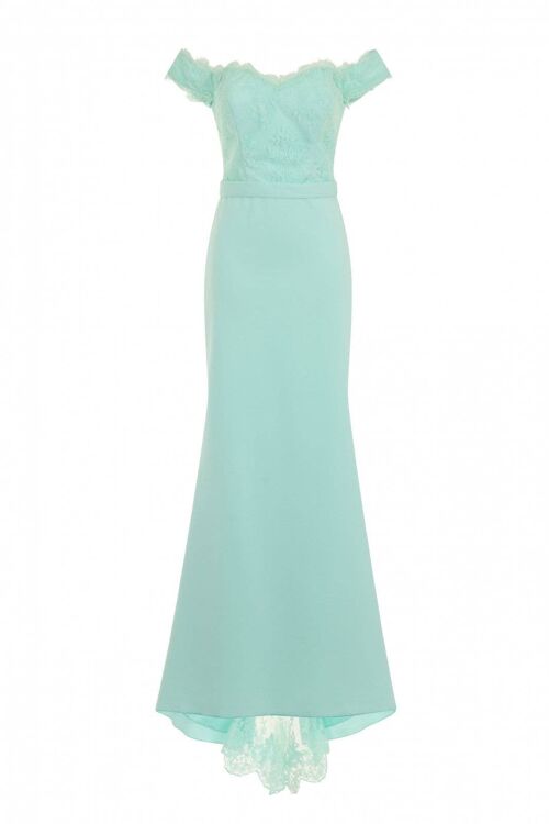 Ruby Mint Off The Shoulder Lace Fishtail Maxi Dress