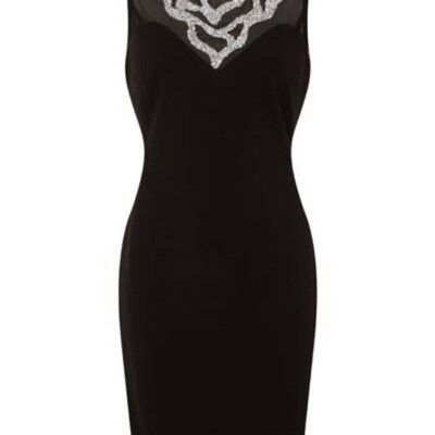 Mika Black Sweetheart Mesh Embellished Bust Fitted Midi Dress