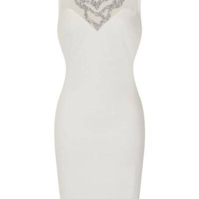 Mika White Sweetheart Mesh Embellished Bust Fitted Midi Dress
