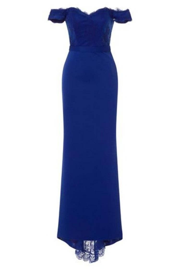 Abito lungo a coda di pesce in pizzo con spalle scoperte blu navy rubino