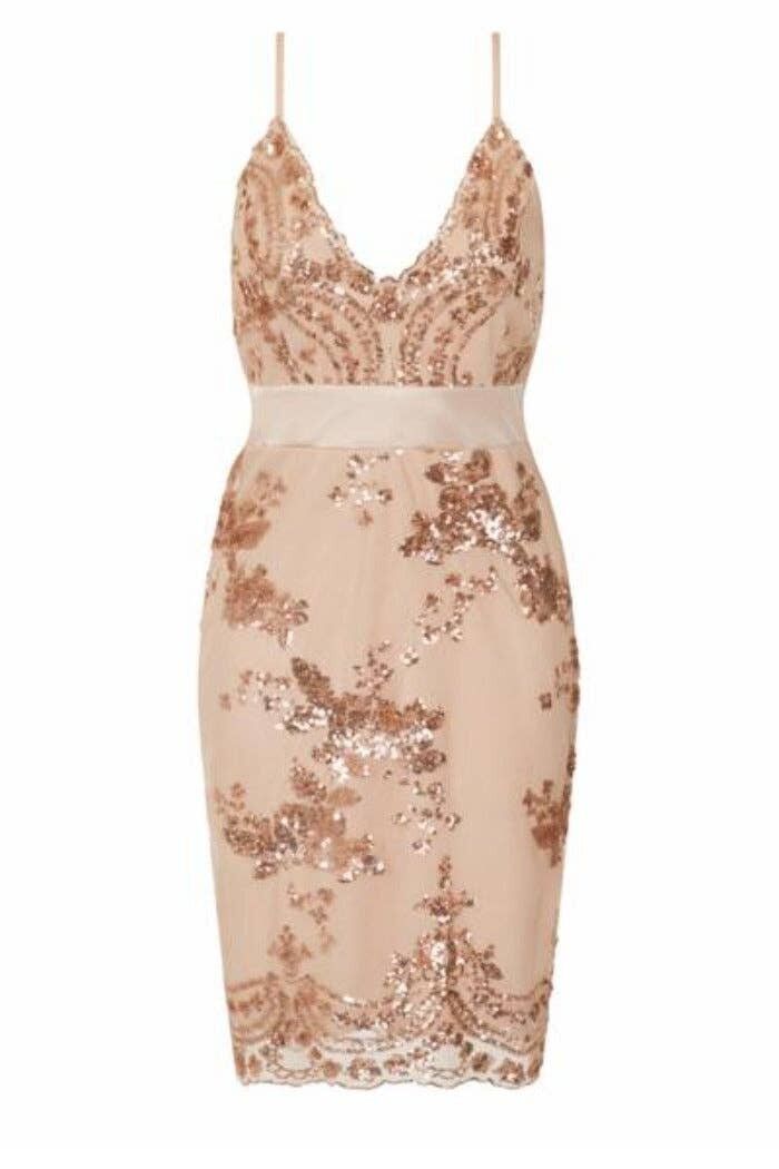 Abito longuette smerlato con paillettes floreali in oro rosa Lydia