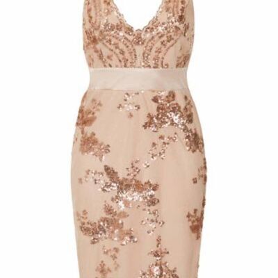 Lydia Rose Gold Plunge Floral Sequin Scalloped Midi Dress