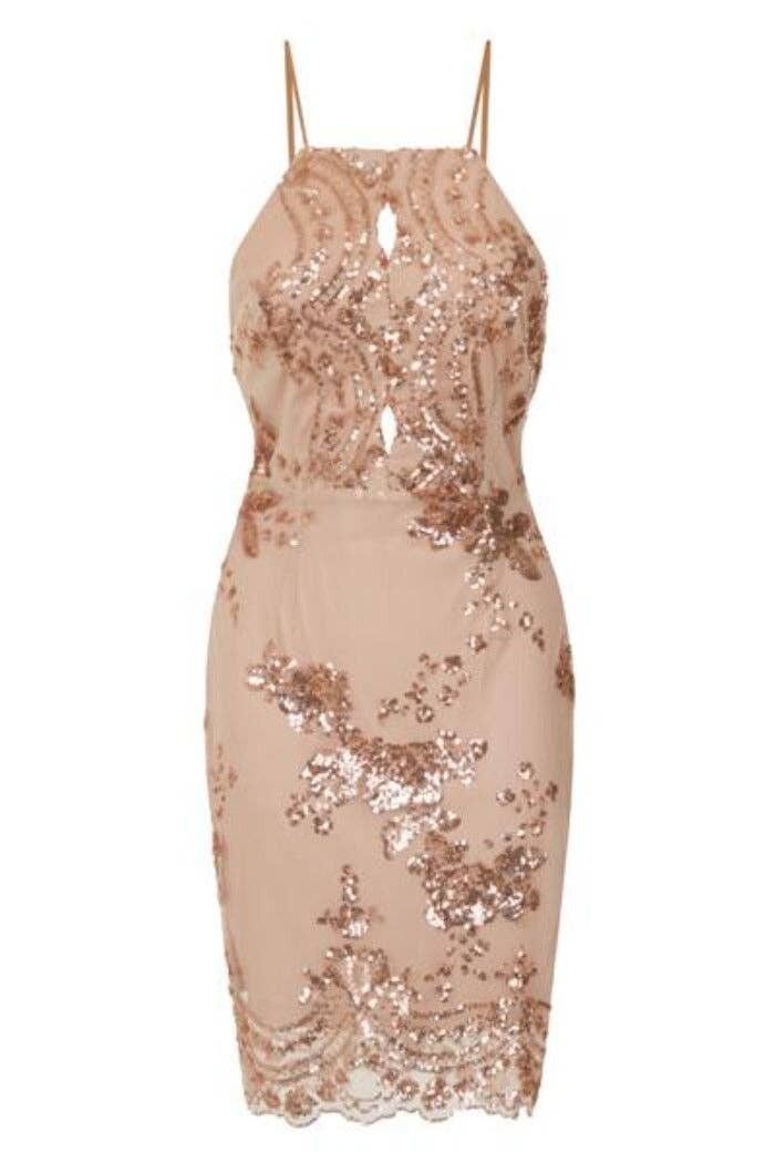 Abito longuette smerlato con paillettes floreale con busto a forma di buco della serratura in oro rosa di Selena