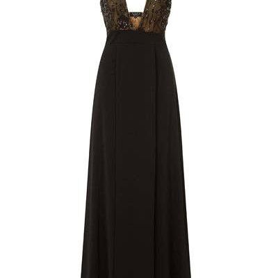 Jadore Couture vestido negro con abertura doble y lentejuelas florales con busto de ojo de cerradura
