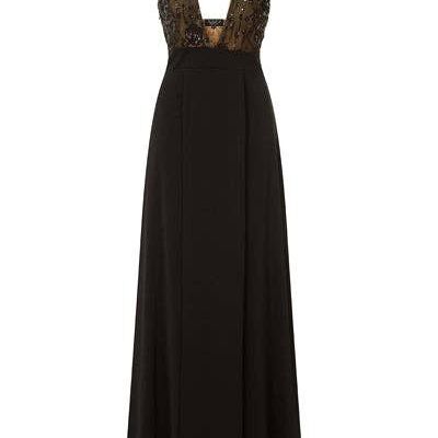 Jadore Couture Black Keyhole Bust Floral Sequin Double Slit Dress