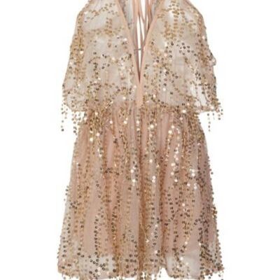 Lily Nude Sheer Plunge Gold Sequin Tassel Fringe Playsuit Romper