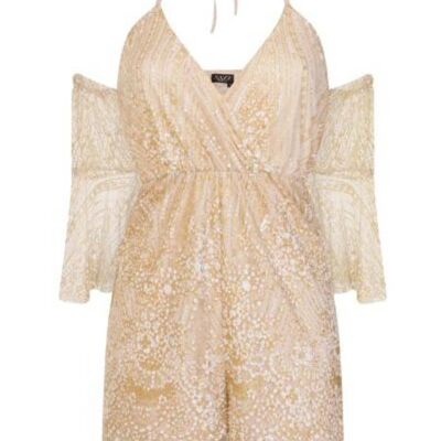 Pagliaccetto Xenia Nude Cold Shoulder Plunge Gold Glitter