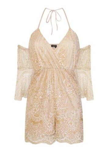 Xenia Nude Cold Shoulder Plunge Gold Glitter Playsuit Romper 1