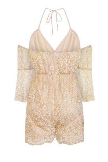 Xenia Nude Cold Shoulder Plunge Gold Glitter Playsuit Romper 2
