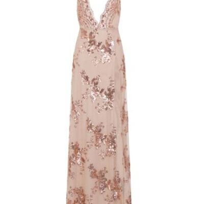 Gala Rose Gold Plunge Halterneck Floral Sequin Thigh Slit Maxi Dress