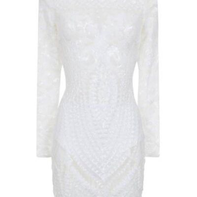 Mimi Pearl White Luxe Sequin Embellished Transparent Midi Dress