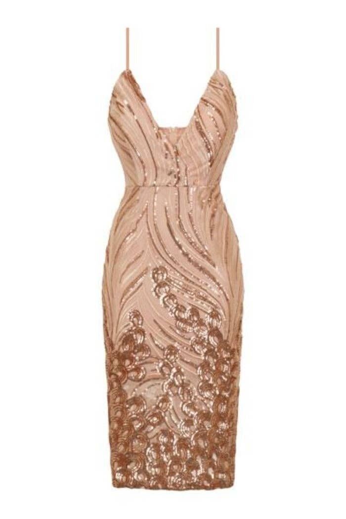 Monaco Luxe Rose Gold Nude Plunge Abito a tubino trasparente con paillettes
