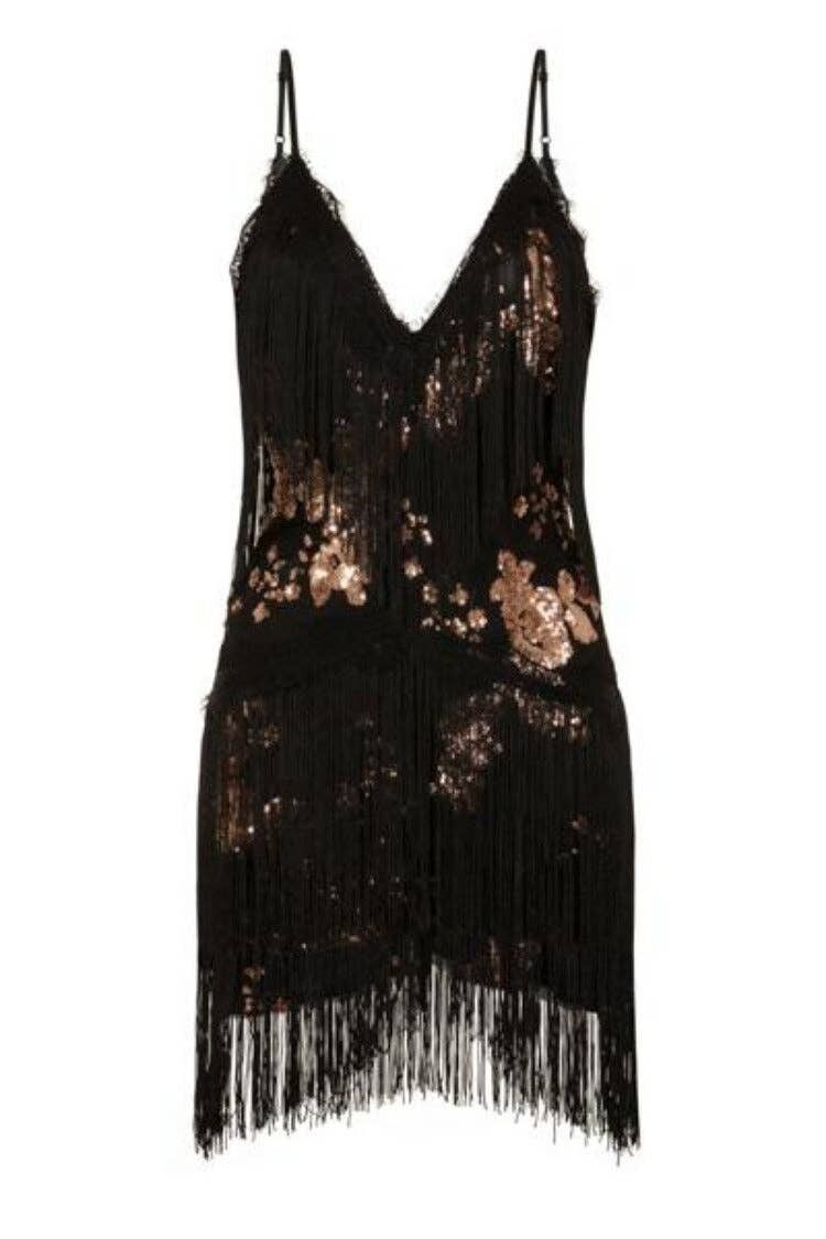 Abito con frange in paillettes floreali nero e oro rosa Milano