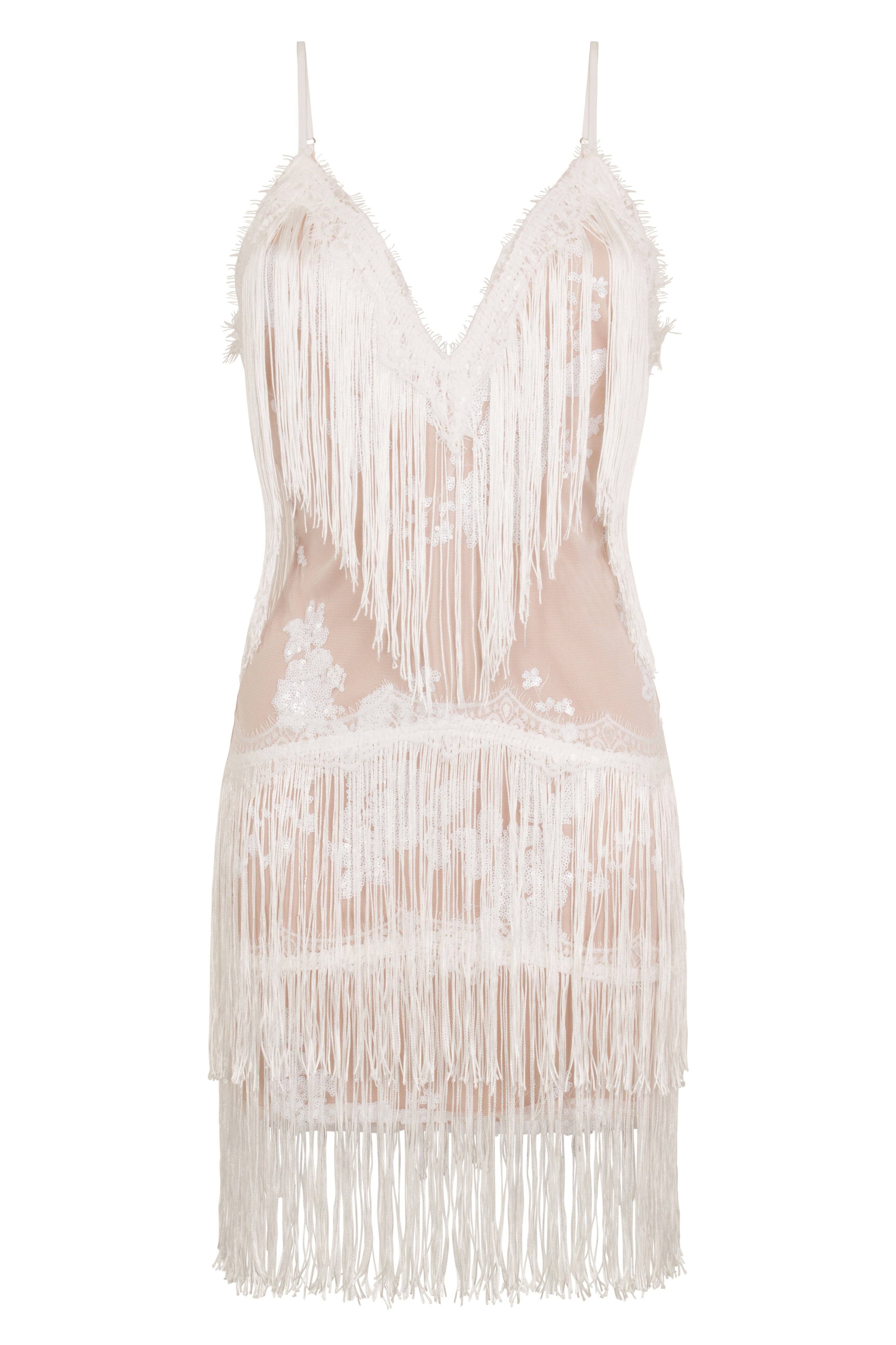 Abito con frange di paillettes floreali bianco nudo di Milano