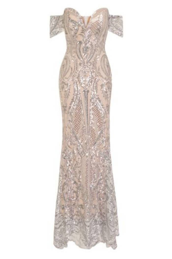 Abito a coda di pesce con paillettes e paillettes con spalle scoperte Lovestruck Silver Luxe Sweetheart