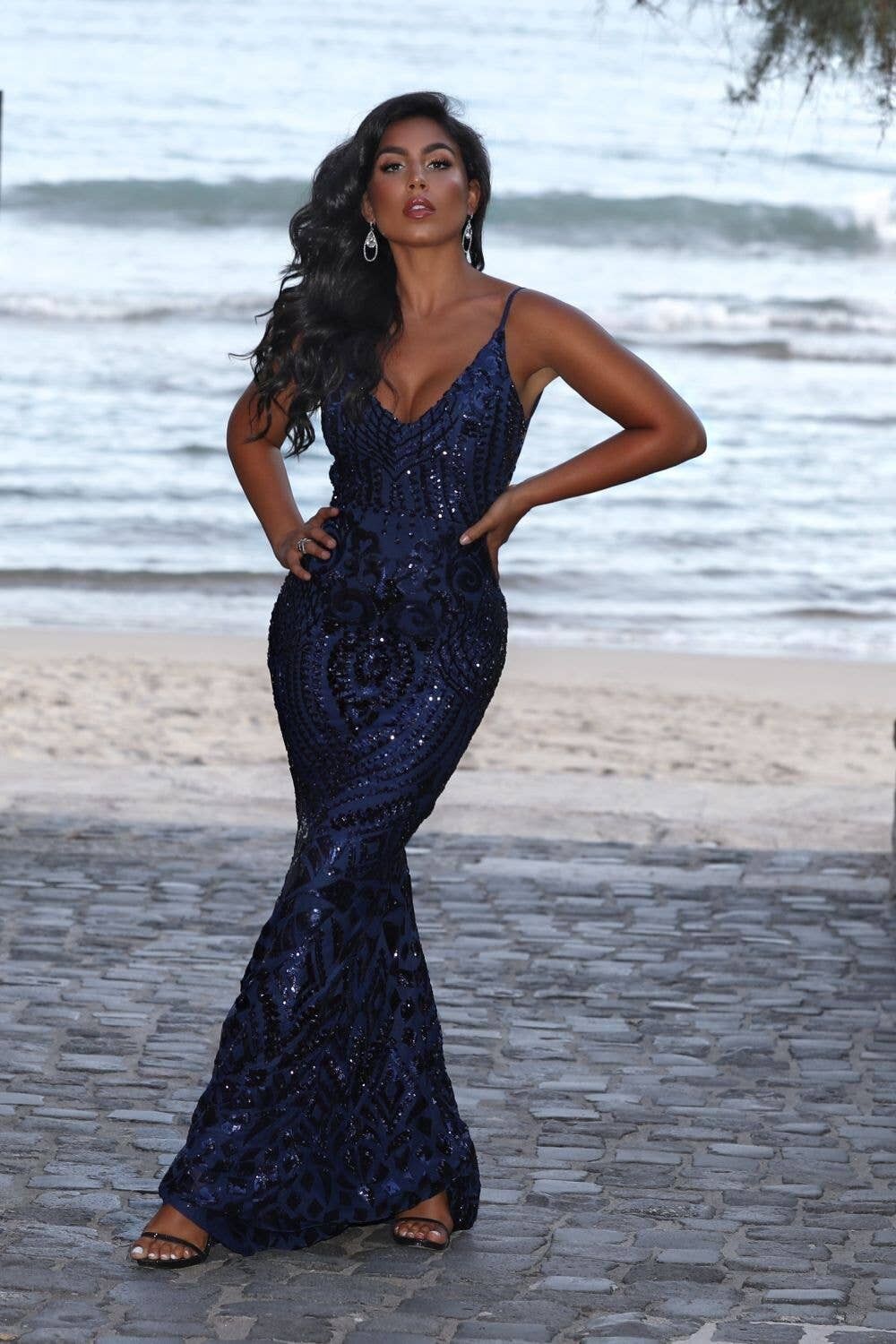 Spotlight Navy Vip Luxe Paillettes Backless Abito a coda di pesce a sirena